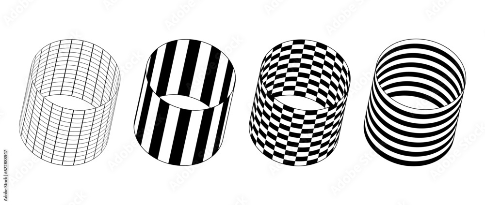 Aufkleber collection of cylinder with different patterns. wireframe, striped and checkered 3d tubes set. black