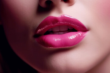 women's lips with pink shiny lipstick close-up. Beauty concept. Generative AI illustration