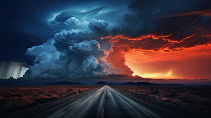 Night road against the background of cumulus clouds