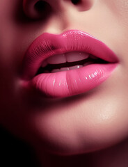 Obraz premium woman lips with pink lipstick and a sexually open mouth close-up. Beauty concept. Generative AI illustration