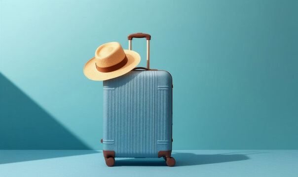 trip suitcase traveler holiday vacation baggage hat travel journey blue background. Generative AI.