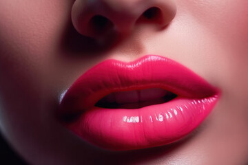 Obraz premium woman's lips with pink lipstick and an open mouth on a female face close-up. Beauty concept. Generative AI illustration