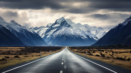 The road to Mount Cook Aoraki high peak mountain New Zealand
