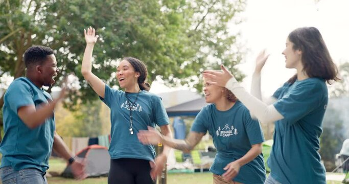 Boot camp, hand stack and friends in celebration of achievement, goal or target with applause. Clapping, campsite and group huddle of happy people together for success, support or teamwork in nature.