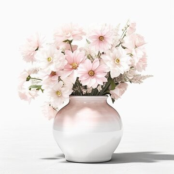 Light pink daisies flowers white in vase rustic plain background