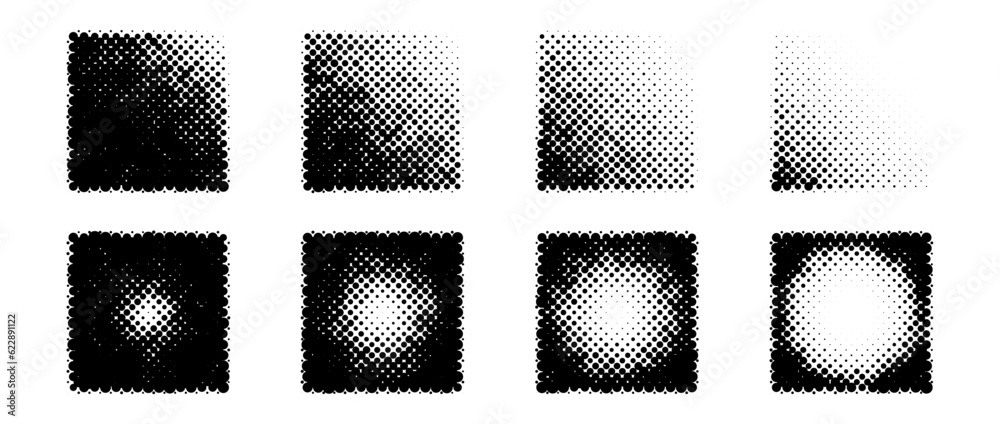 Poster Halftone gradient square shapes set. Dotted textured cubes collection. Round and linear fading gradient in comic and pop art style. Black design elements bundle. Pixelated background pack. Vector