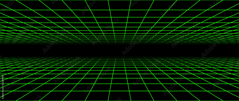 Aufkleber Neon green flat wireframe grid. Vanishing checkered floor and ceiling concept. Horizontal chessboard planes fading in perspective. Top and bottom lattice surface background. Abstract vector 