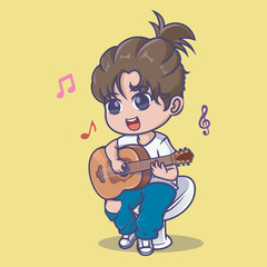 cute man playing guitar cartoon vector icon illustration