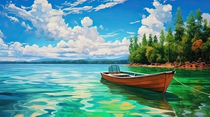 A digital painting depicting a sunny tropical island with palm trees, a boat, blue sky, and clouds. (Generative AI)