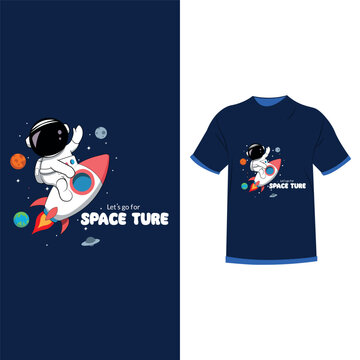 Mascot cartoon character as astronut with rocket, planat, and typhography in cute style for t-shirt, sticker, logo element, poster