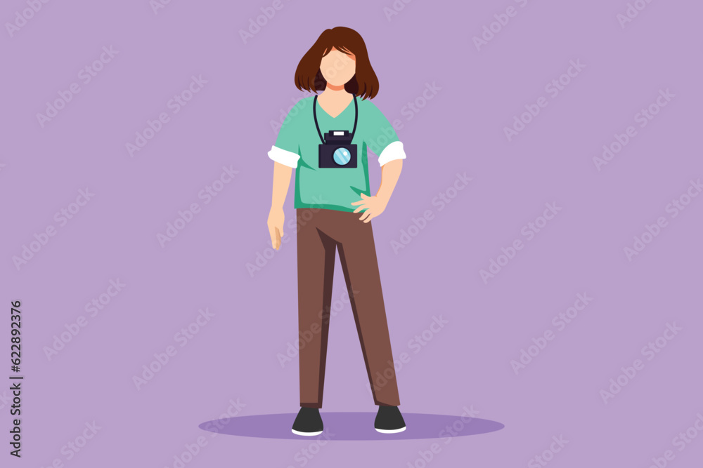 Wall mural cartoon flat style drawing beautiful female photographer standing with camera digital photo. picture