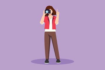 Character flat drawing pretty woman photographer using professional camera, pointing up her finger. Female standing and giving count gesturing for taking pictures. Cartoon design vector illustration