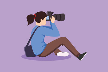 Character flat drawing cute woman photographer of paparazzi sitting and taking photo with modern digital camera with angles. Journalist or reporter making pictures. Cartoon design vector illustration