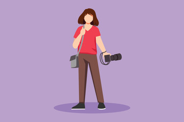 Character flat drawing pretty woman hipster photographer with holding camera in photo studio. Beautiful female photographer using professional camera in the studio. Cartoon design vector illustration
