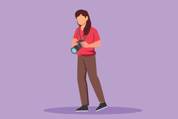 Character flat drawing professional pretty girl photographer, people holding camera. Picture made by employees, photograph by cameraman. Beauty woman in experts job. Cartoon design vector illustration