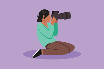 Graphic flat design drawing beautiful woman photographer holding dslr camera taking photographs. Professional photographer taking pictures. Creative profession job. Cartoon style vector illustration