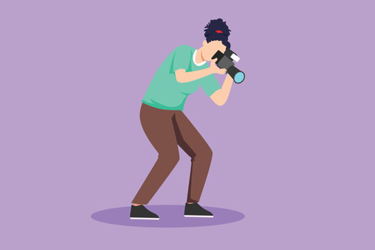 Cartoon flat style drawing professional woman photographer with camera, looking down and taking photo with pose. Photographer female character with camera digital. Graphic design vector illustration