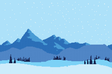 Printwinter pixel art image, there is a beautiful high mountain surrounded by pine trees covered in snow