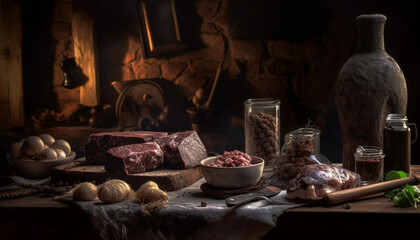 Fototapeta premium Rustic gourmet meal cooked indoors on wood generated by AI