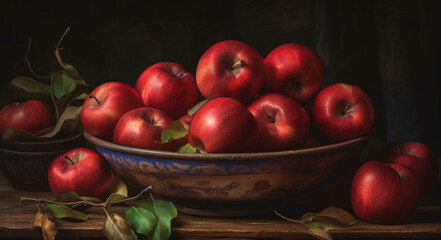 Fototapeta na wymiar Juicy apples on rustic table, autumn still life generated by AI