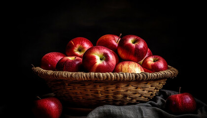 Fototapeta na wymiar Organic apple harvest in wicker basket, refreshing snack generated by AI