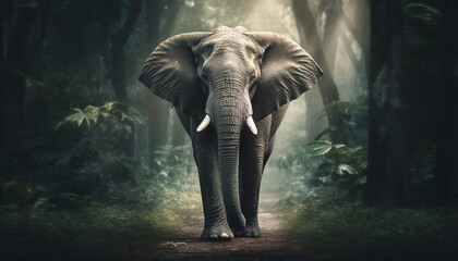 Majestic elephant walking in tranquil African forest generated by AI