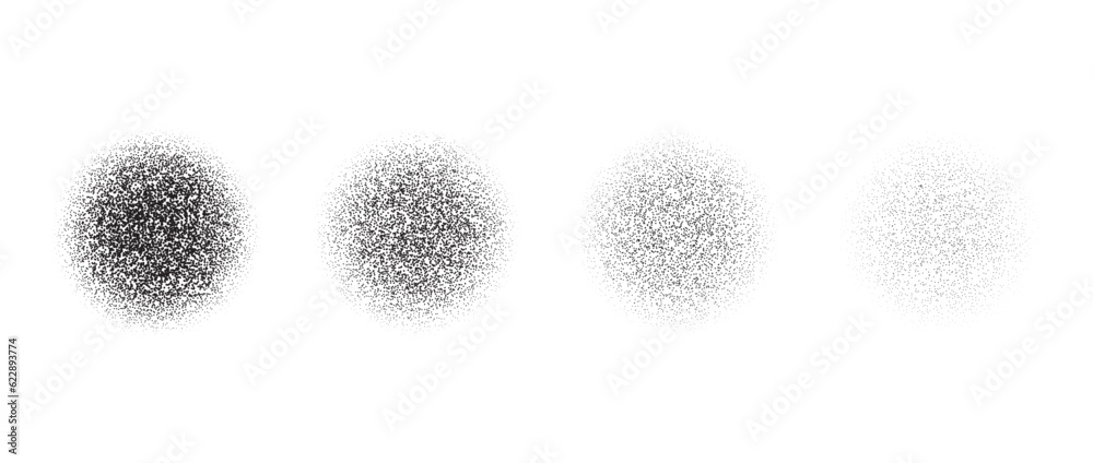 Poster set of circle stippled texture. black dotted gritty round element collection. fading noise grain dot