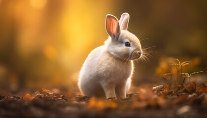 Fluffy baby rabbit sitting in green meadow generated by AI