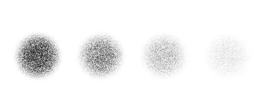Set of circle stippled texture. Black dotted gritty round element collection. Fading noise grain dot work shapes. Vanishing half tones and shadows effect illustration bundle. Vector pack
