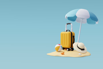 3d Vector luggage, Blue Umbrella and Ball, Summer holiday, Time to travel concept. - obrazy, fototapety, plakaty
