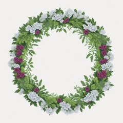 A circular frame, red and white flower arrangements, and leaves are isolated on a white background. For greeting cards or wedding decorations