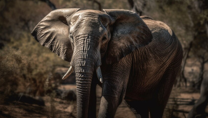 Fototapeta na wymiar African elephant walking in tranquil wilderness area generated by AI