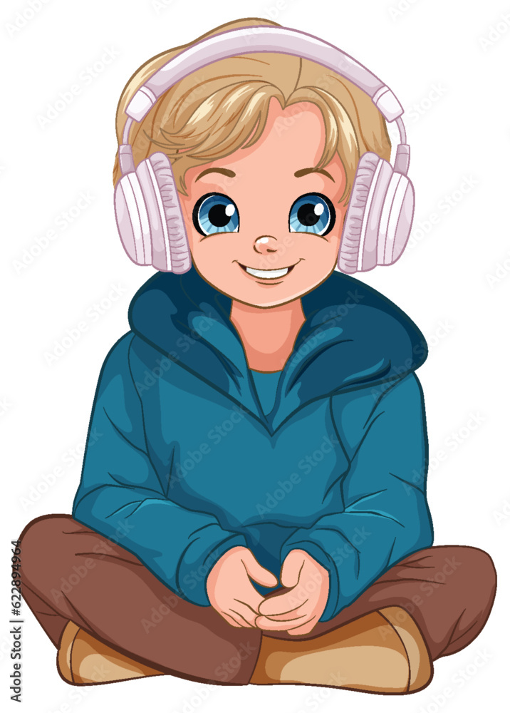 Sticker boy sitting on the floor listening to music with headset