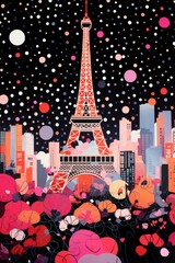 Paris France in dot art. Colorful concept cartoon of the Eiffel Tower. Travel postcard.