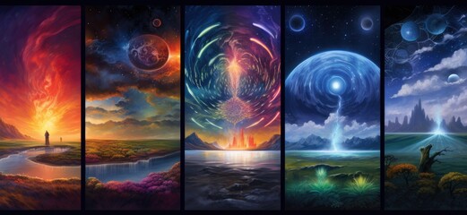 Abstract alien world. Seasons and planets concept art. Panels of magical changes in space.