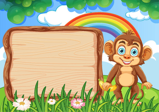 Cute Monkey with Empty Wooden Board