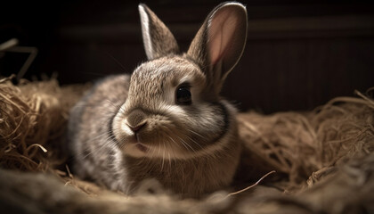 Fluffy baby rabbit sitting on hay indoors generated by AI