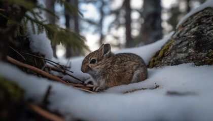Naklejka na ściany i meble Fluffy hare sitting in snow, alert and tranquil generated by AI