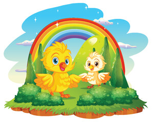 Obraz na płótnie Canvas Cute Yellow Chick in Small Forest Scene