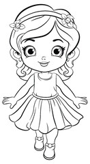 Cute Girl in Beautiful Dress Outline for Colouring