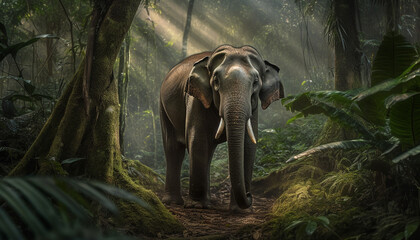 Fototapeta premium Large elephant walking through lush tropical forest generated by AI
