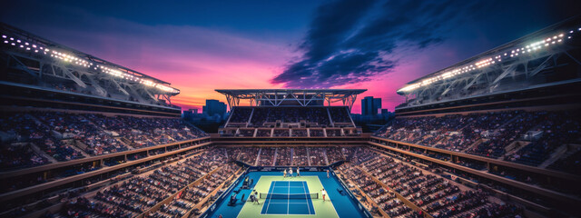 Perspective of Arthur Ashe Stadium with fans on Sunset. US Open tennis tournament finals on blue and green National Tennis court. Generative Ai content - obrazy, fototapety, plakaty