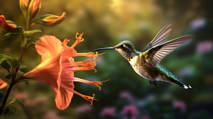 Hummingbird flying to pick up nectar from a beautiful flower. Digital artwork. AI Generative