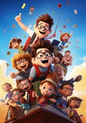 Happy School Squad. Colorful 3D Character Poster Showcasing Friends Fun-filled Moments as they Gear up for School.