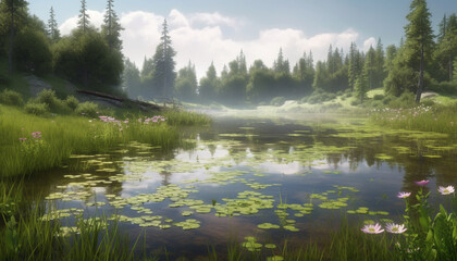 Tranquil scene of nature beauty in summer generated by AI