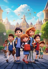 Laugh and Learn. Vibrant 3D Character Poster Depicting a Group of Friends Embracing the Back to School Season.