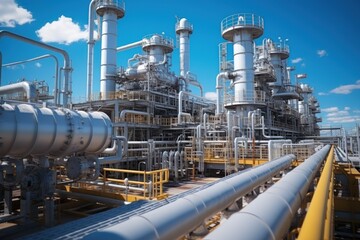 Pipe work and exhaust stack at offshore oil and gas central processing platform. - obrazy, fototapety, plakaty