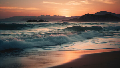 Obraz premium Sunrise over tranquil waters, nature beauty revealed generated by AI