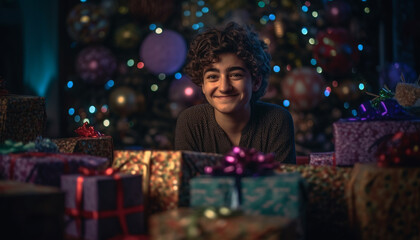 Fototapeta na wymiar Cute Caucasian boy smiling with Christmas gift box generated by AI