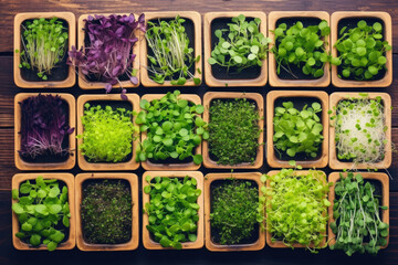 Trays with various microgreens standing on wooden table, top view, Generative AI - obrazy, fototapety, plakaty